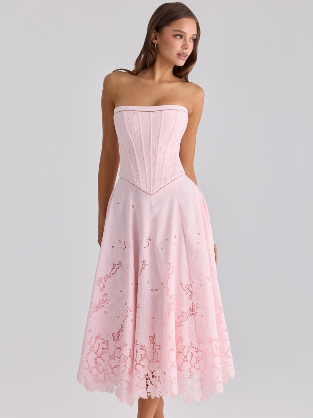 House of CB BELISSA Pink Strapless Custom Lace + Broderie Anglaise Midi Dress - Picture 4 of 11